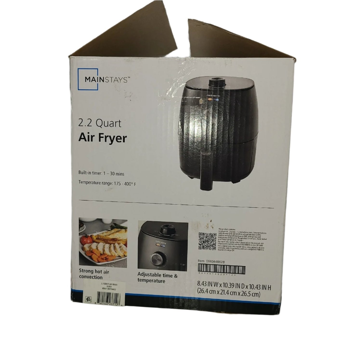 Mainstays 2.2 Qt Air Fryer, Non-Stick, 1150W, Black, Auto Shutoff, Timer, Open Box.