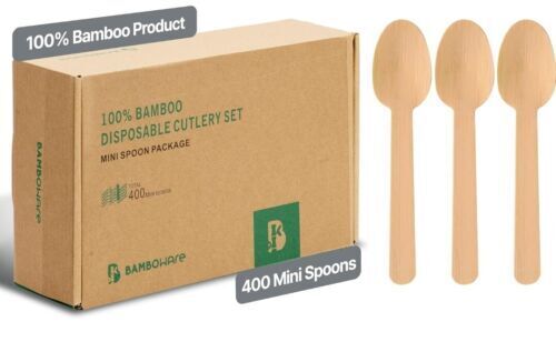 100% Bamboo Cutlery Set (400 pcs) - Natural Eco Mini 5.2" Bamboo Spoons...