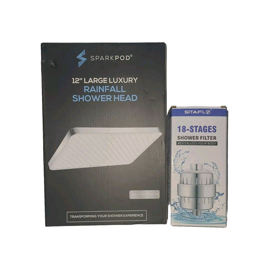 SparkPod 12 Inch Rectangle Rain Shower Head & SITAFL 18-Stage Shower Filter Set 