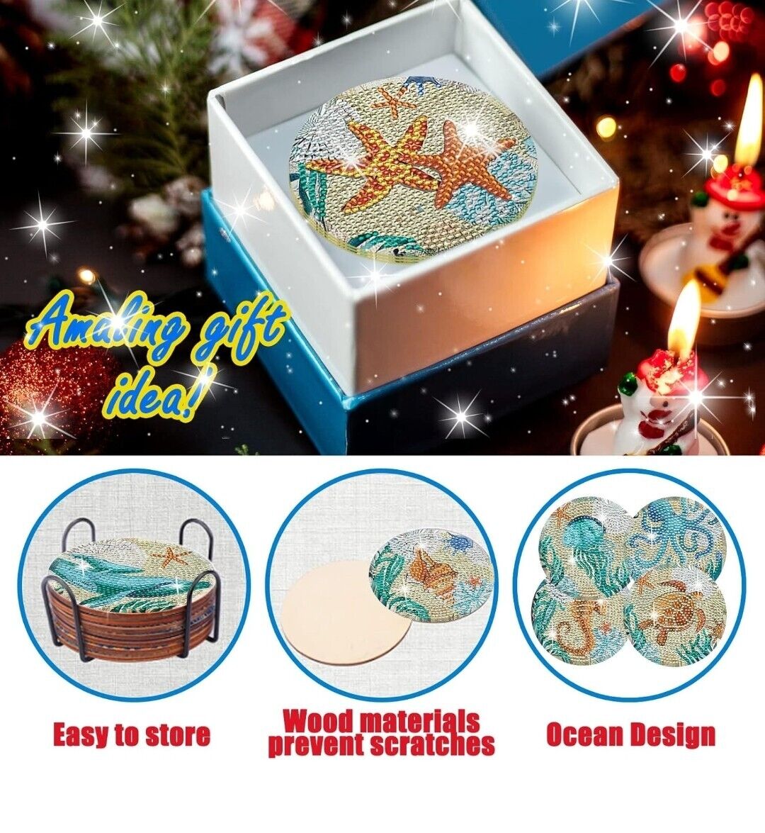 Diamond Painting Coasters Kit, 8 PCS Diamond Painting Coasters with Holder