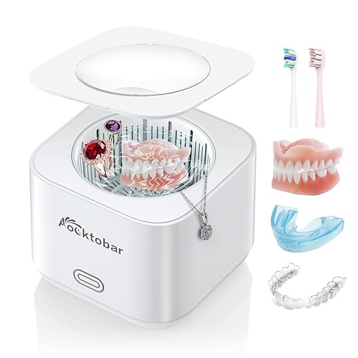 Aocktobar Ultrasonic Retainer Cleaner Machine, 30W Ultrasonic Jewelry Cleaner for Retainers, Dentures, Mouth Guard, Aligner, Toothbrush Head, Whitening Trays, 43KHZ Sonic Denture Cleaner Machine