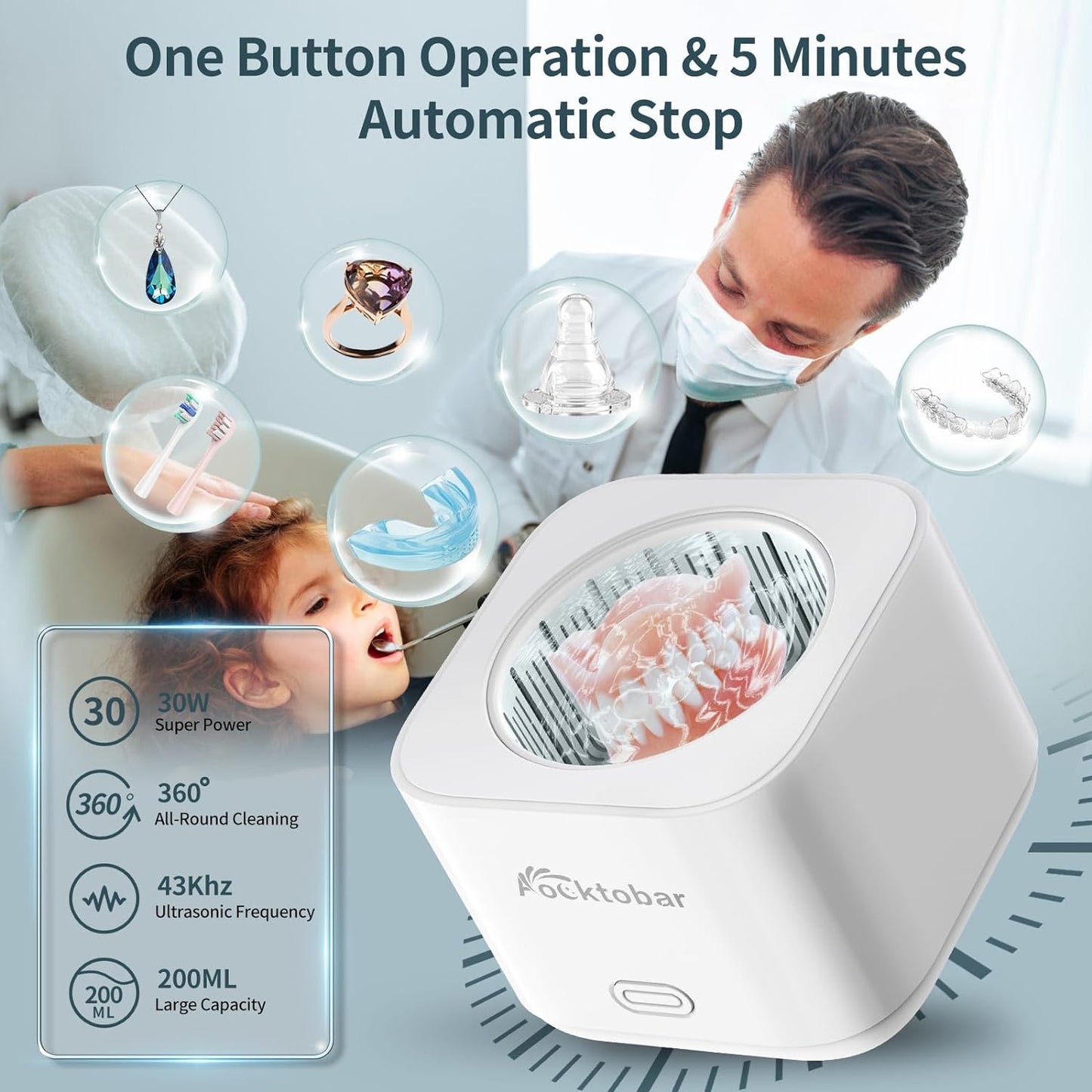 Aocktobar Ultrasonic Retainer Cleaner Machine, 30W Ultrasonic Jewelry Cleaner for Retainers, Dentures, Mouth Guard, Aligner, Toothbrush Head, Whitening Trays, 43KHZ Sonic Denture Cleaner Machine