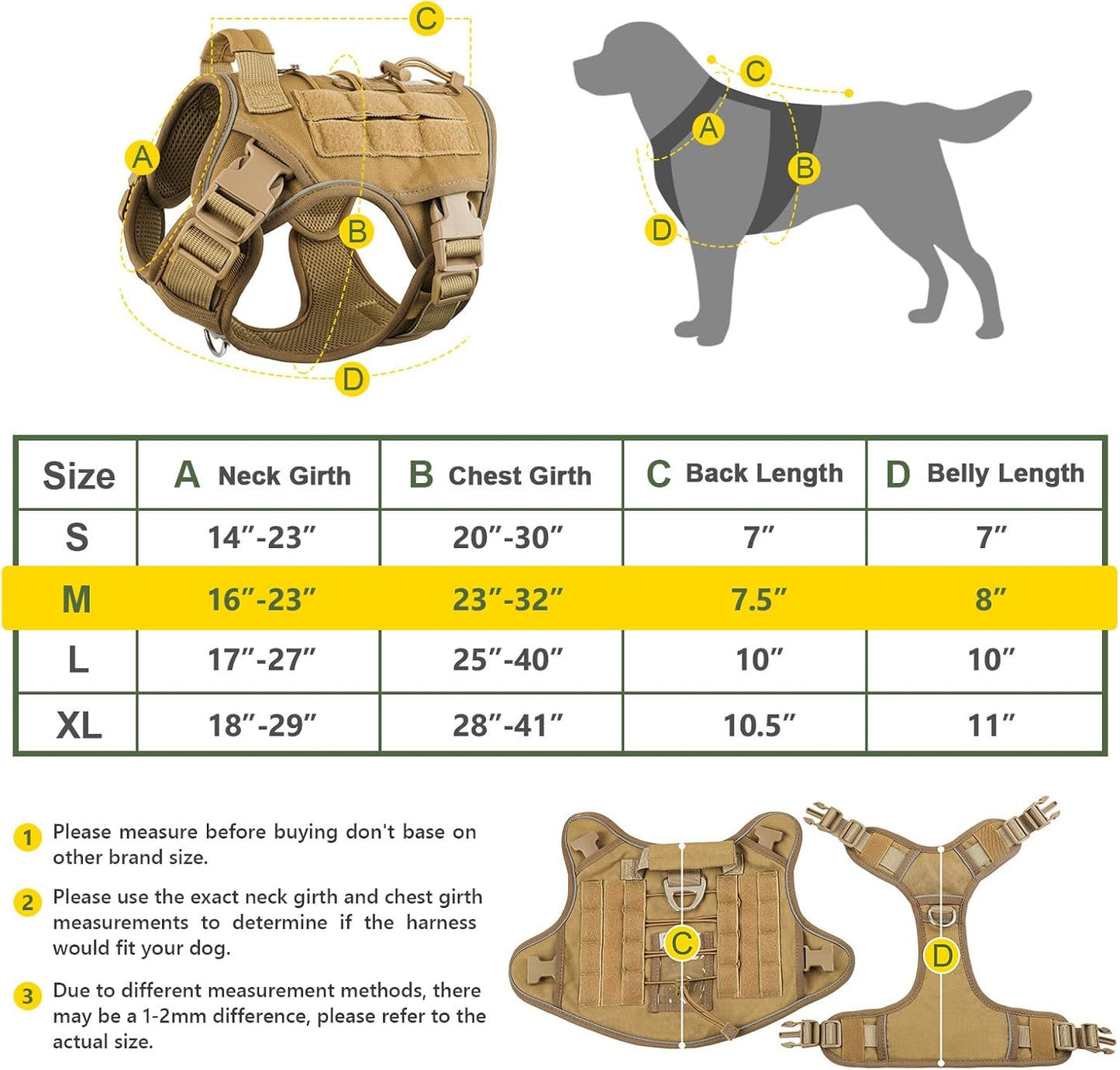 Tactical Dog Harness No-pull, adjustable, with handle, Molle & loop panels, Khaki, Medium.