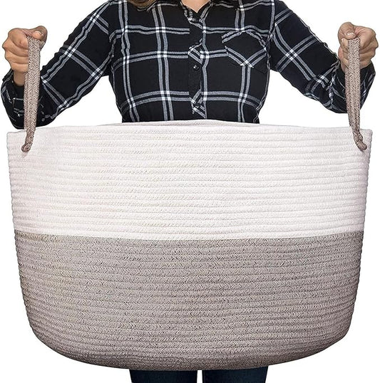 Luxury Little XXXL Nursery Storage Basket, 22 x 22 x 14 inches - 100% Cotton Rope Basket with Handles, Laundry Basket for Toys, Blankets and Pillows - Off White & Beige